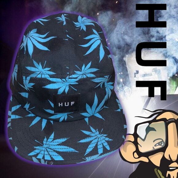HUF Box Logo Hat Marijuana Weed Leaf Print 5 Panel Strapback Cap - Picture 1 of 4